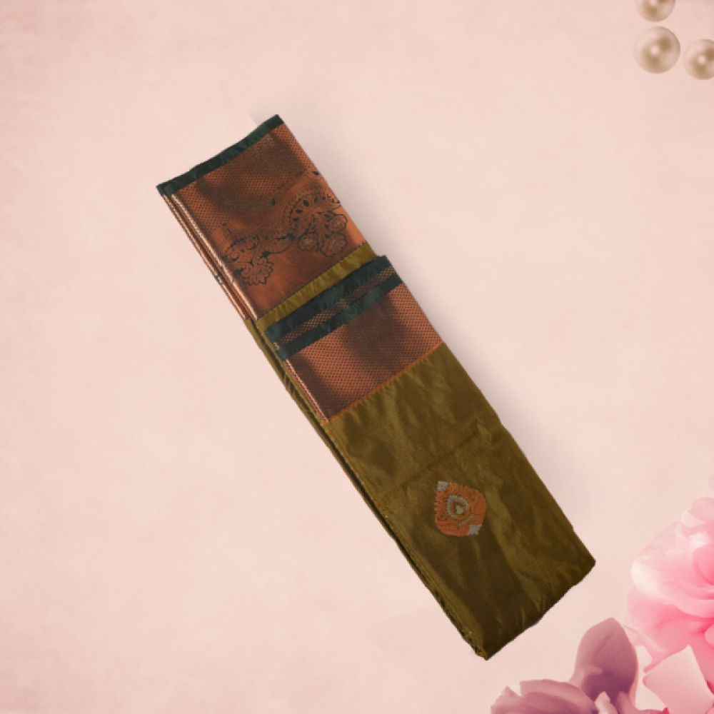 Earthy Green Brown Cotton Silk Saree With Gilded Zari Border