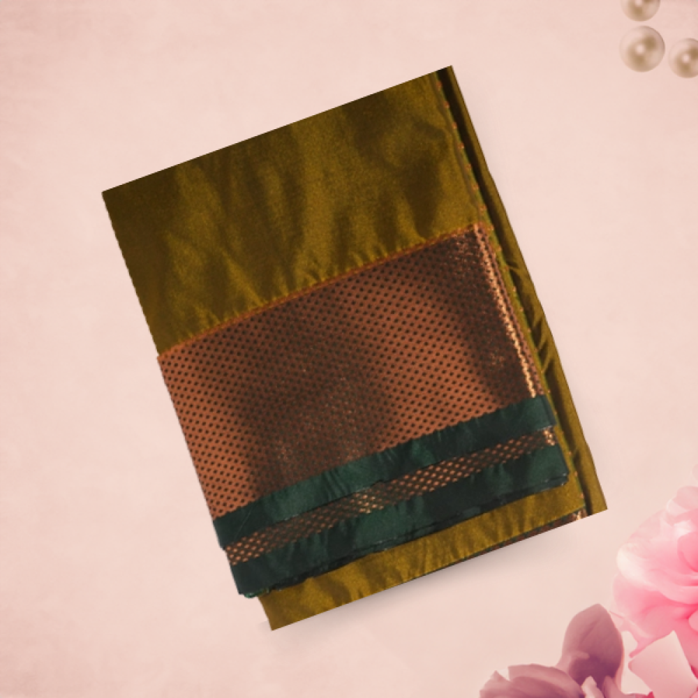 Earthy Green Brown Cotton Silk Saree With Gilded Zari Border