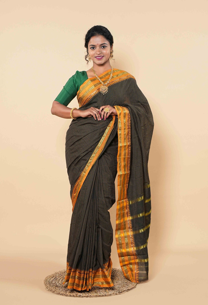 Twilight Black Cotton Saree Accented With Shimmering Gold Stripes And Sunset Orange Borders