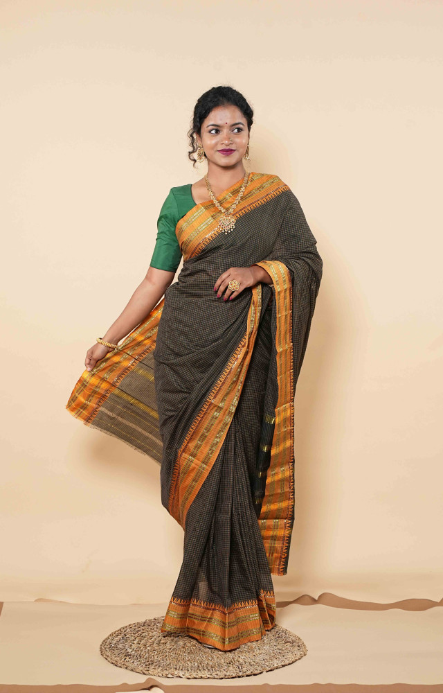 Twilight Black Cotton Saree Accented With Shimmering Gold Stripes And Sunset Orange Borders