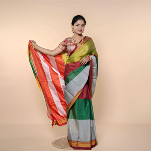 Festive Harmony Silk Saree With Lime Green, Crimson Red & Silver Hues