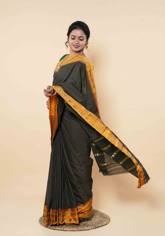 Twilight Black Cotton Saree With Gleaming Gold Lines And Sunset Orange Edges