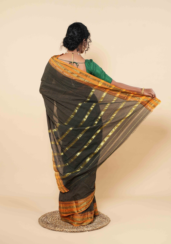 Twilight Black Cotton Saree With Gleaming Gold Lines And Sunset Orange Edges