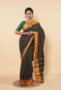 Twilight Black Cotton Saree With Gleaming Gold Lines And Sunset Orange Edges