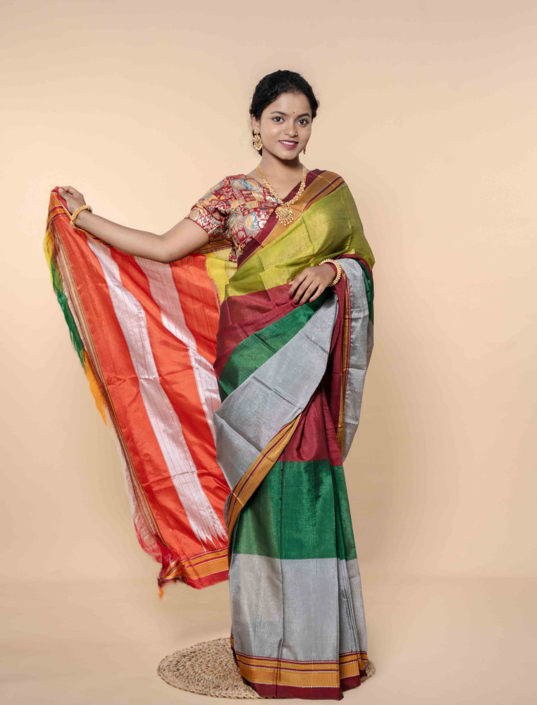 Festive Harmony Silk Saree With Lime Green, Crimson Red & Silver Hues