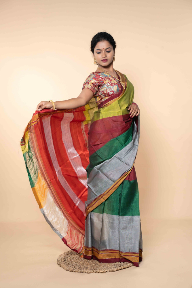Festive Harmony Silk Saree With Lime Green, Crimson Red & Silver Hues