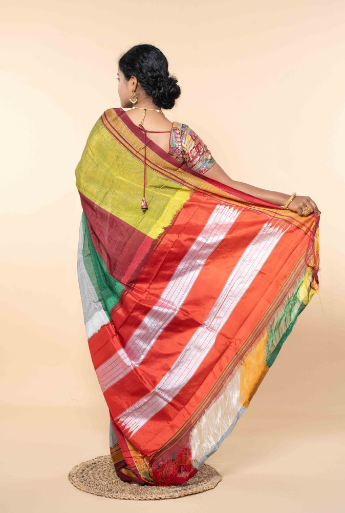 Festive Harmony Silk Saree With  Green, Crimson Red & Silver Hues