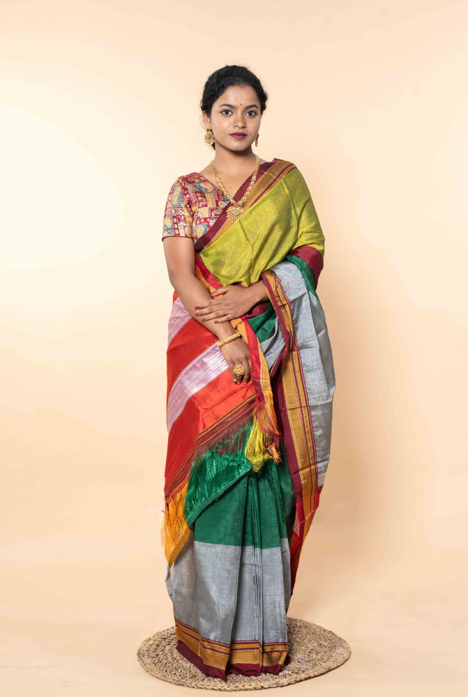 Festive Harmony Silk Saree With  Green, Crimson Red & Silver Hues