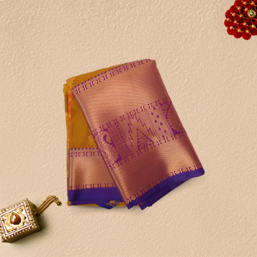 Golden Colour Cotton Silk Saree With Blue Border