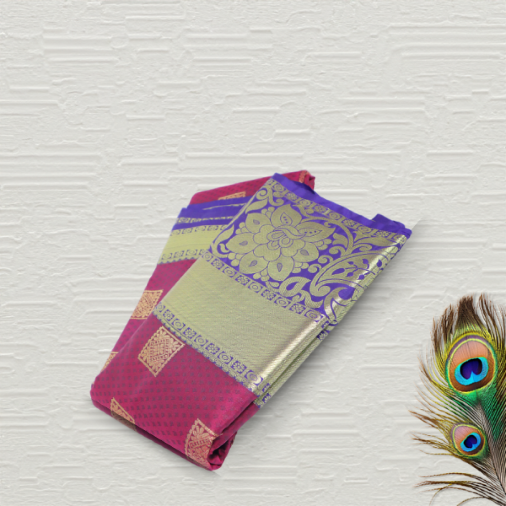 Pink Colour Silk Saree With Flower Design Blue Border
