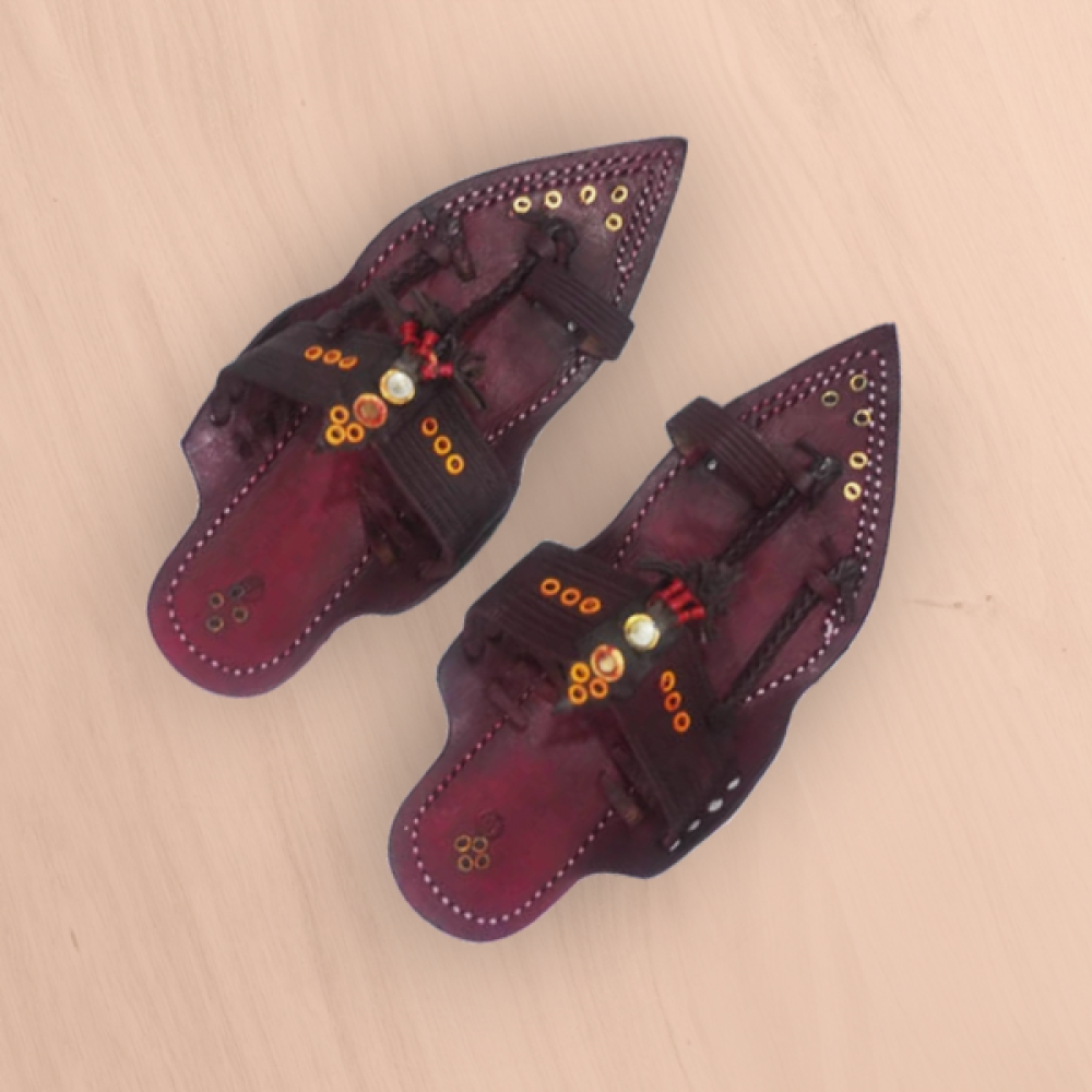 Marroon Ladies Kolhapuri Chappal With Gold Design