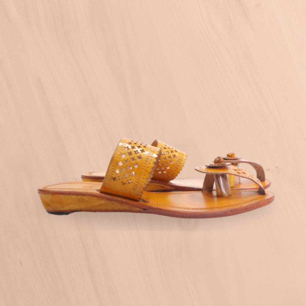 Leather Yellow Kolhapuri Sandal For Women